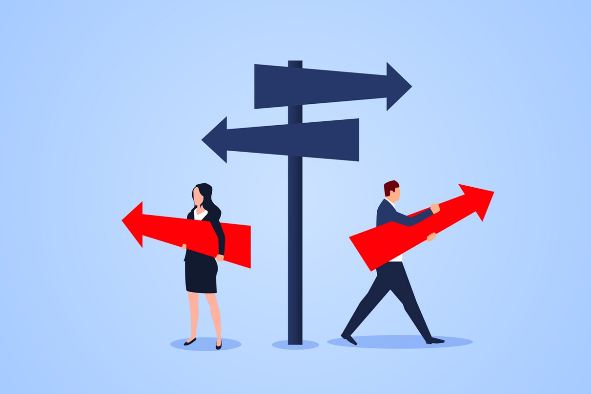 Graphic of man and women carrying arrows and heading off in different directions, representing different loan options for first time business owners.