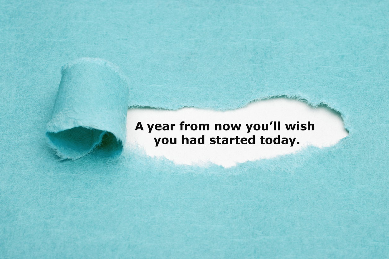 A blue page with a tear. Under the tear on white it says "A year from now you'll wish you had started today" representing the best time to start a business