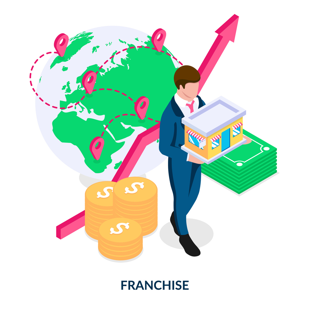 Graphic of a businessman holding a model store, with a globe in the background representing Cheap franchise start ups